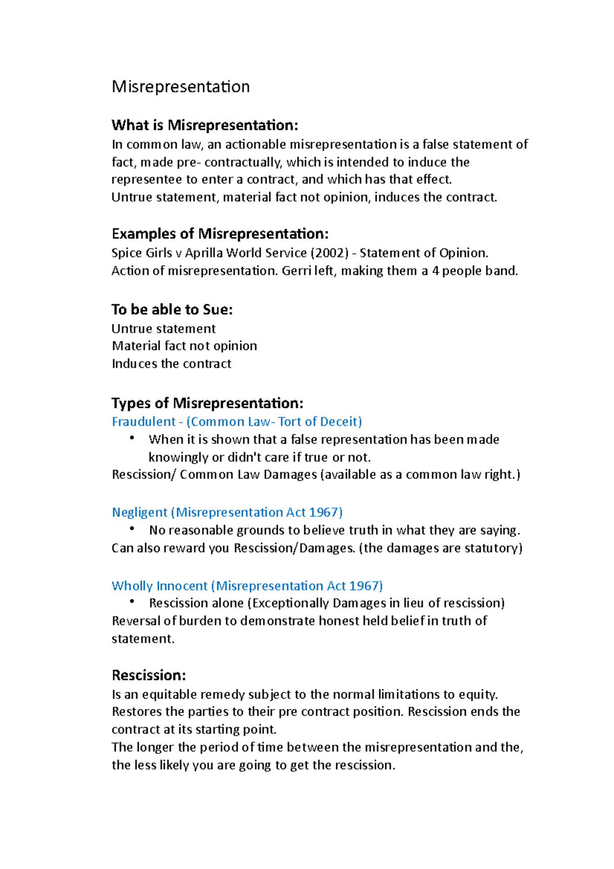 Misrepresentation Untrue statement, material fact not opinion