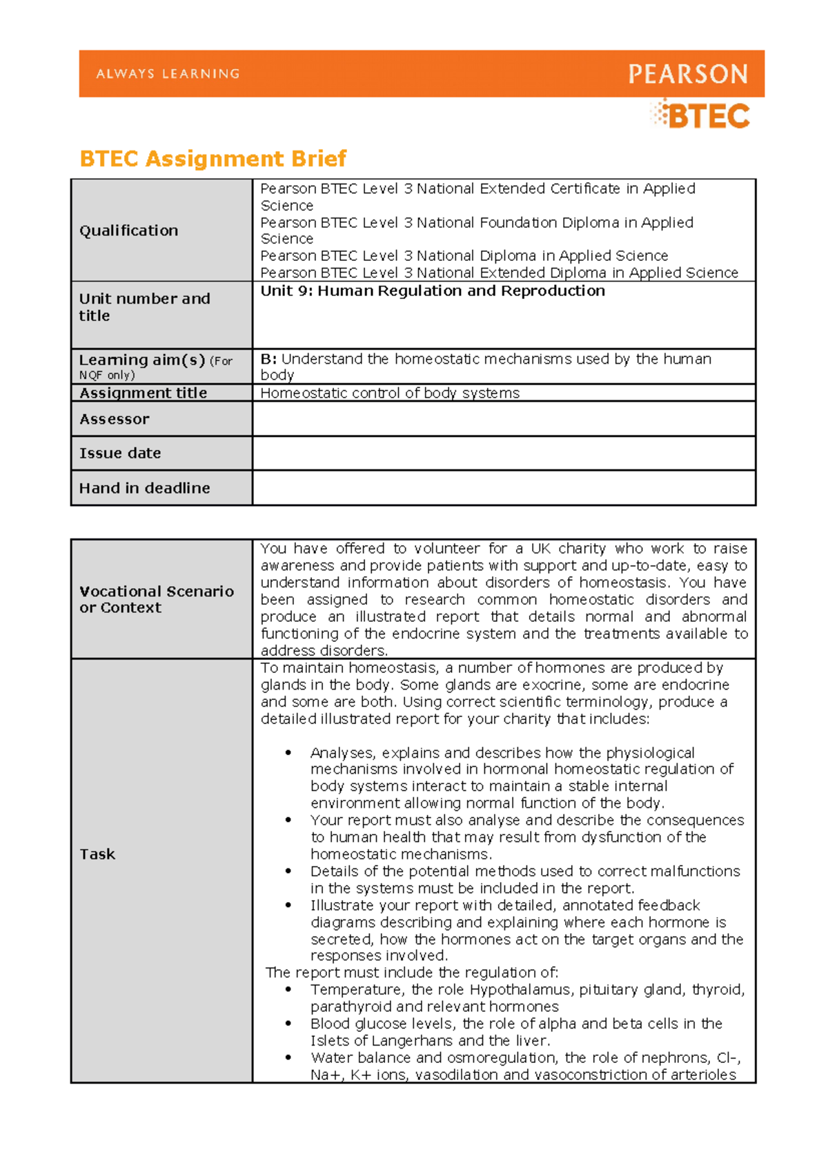 Btec Unit 9 B Assgn Brf Yr1 Btec Assignment Brief Qualification