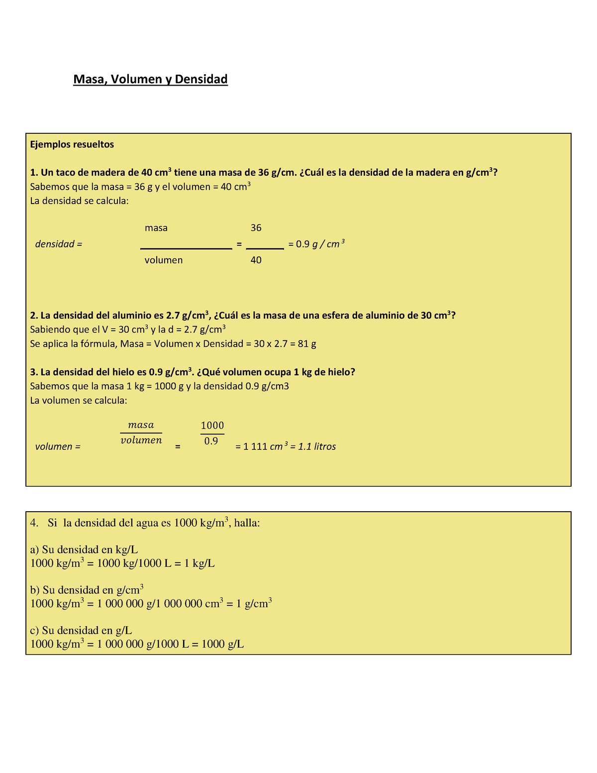 Ejercicios De Densidad Masay Volumen - Masa, Volumen Y Densidad ...