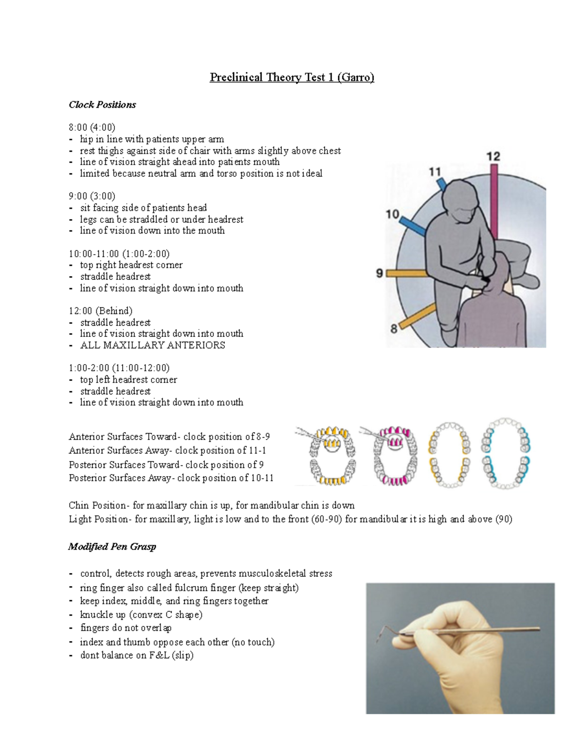 Preclinical Test 1 Preclinical Theory Test Garro Clock Positions 00 00 Hip In Line With Patients Upper Arm Rest Thighs Against Side Of Chair With Arms Slightly Studocu