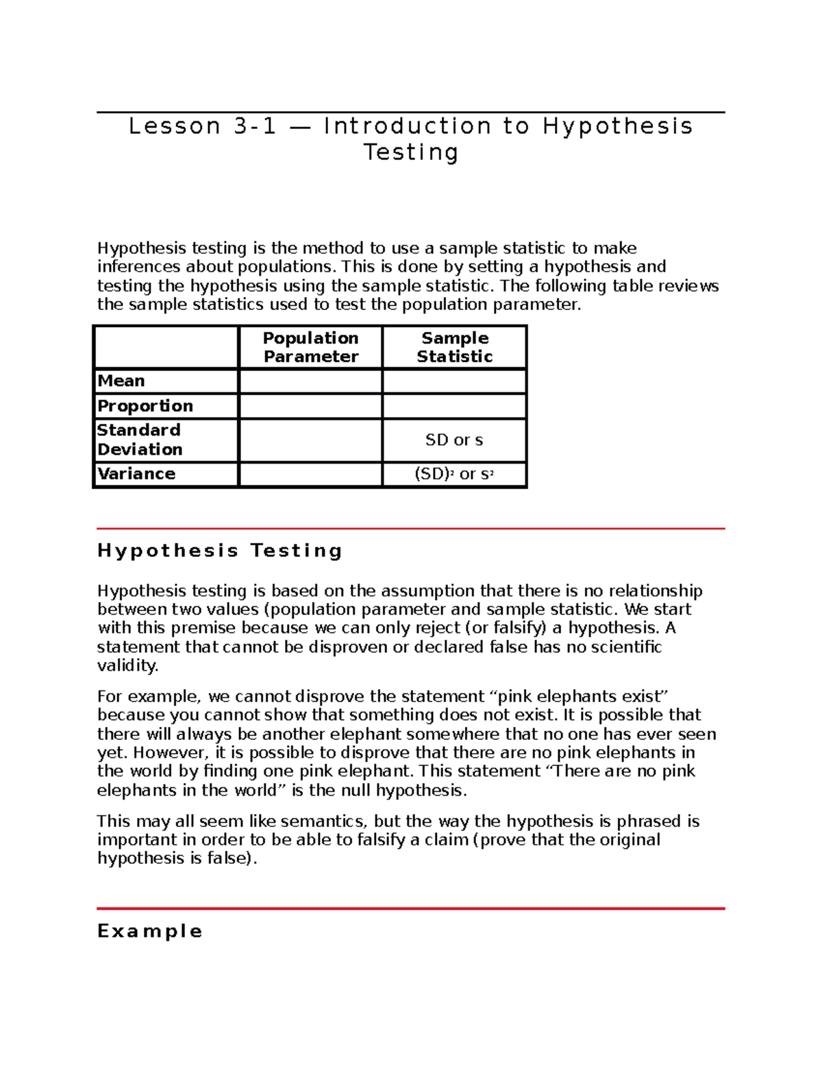 Lesson 3 Introduction To Hypothesis Testing L E S S O N 3 1 — I N T R O D U C T I O N T O 2055