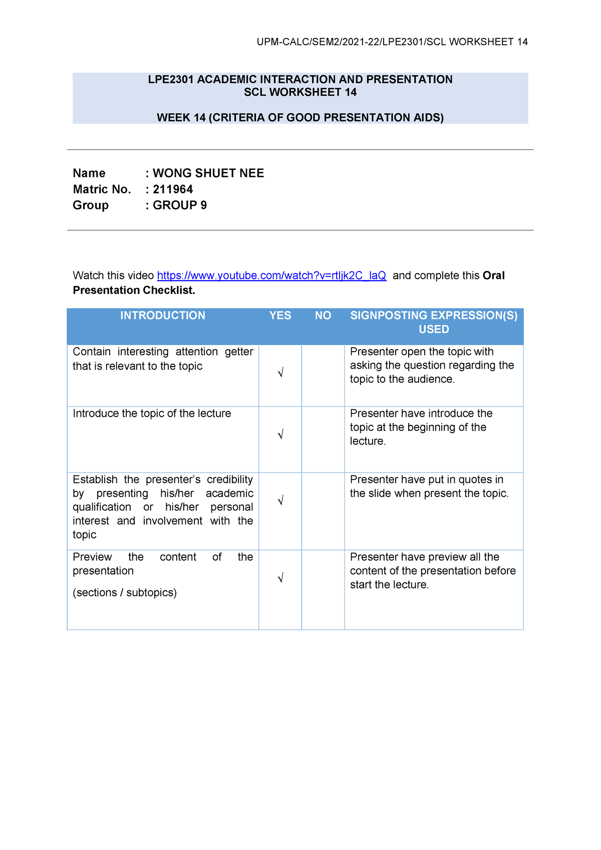 SCL Worksheet 14 - LPE2301 ACADEMIC INTERACTION AND PRESENTATION SCL ...