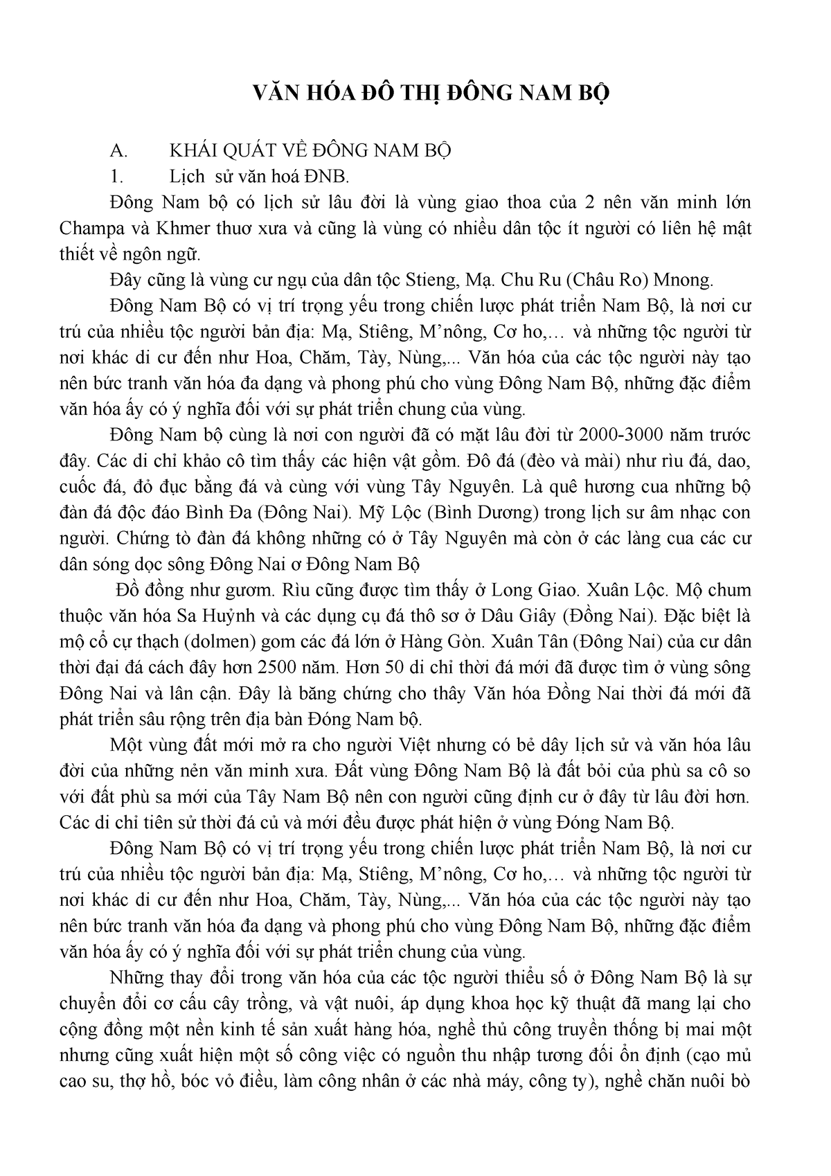 VĂN HÓA ĐÔ THỊ ĐÔNG NAM BỘ - KHÁI QUÁT VỀ ĐÔNG NAM BỘ Lịch sử văn hoá ĐNB. Đông Nam bộ có lịch sử - Studocu