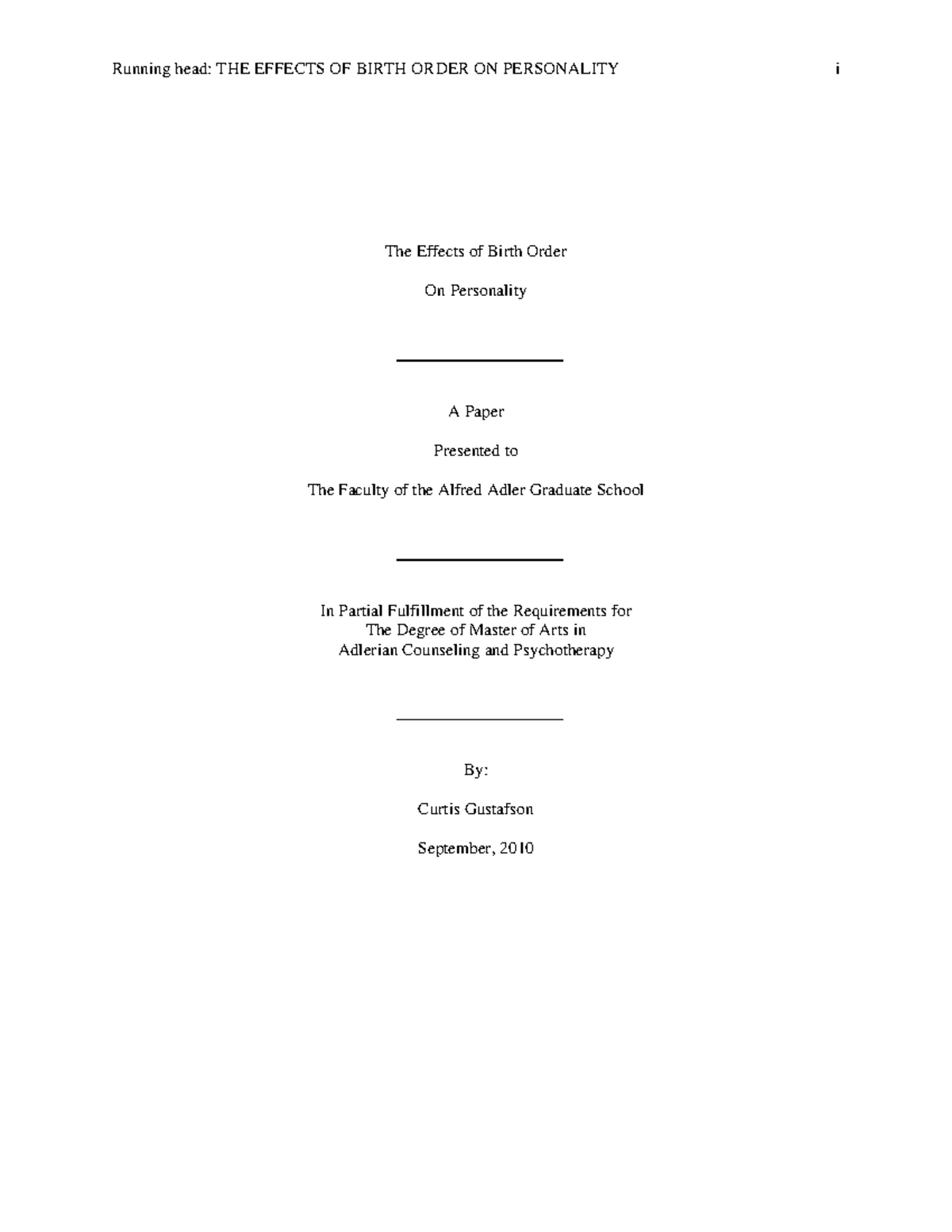 The Effects Of Birth Order On Personality - Running Head: THE EFFECTS ...