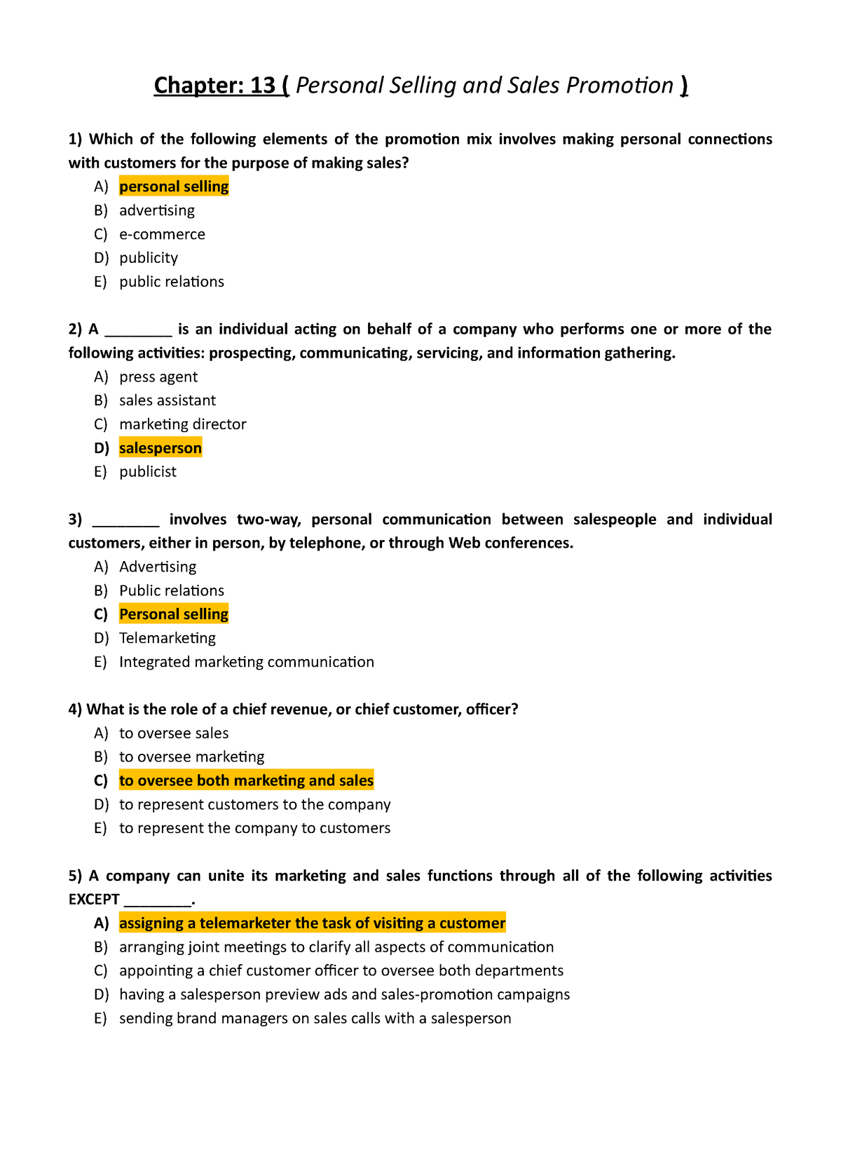 TB-13 - TestBank - Chapter: 13 ( Personal Selling And Sales Promotion ...