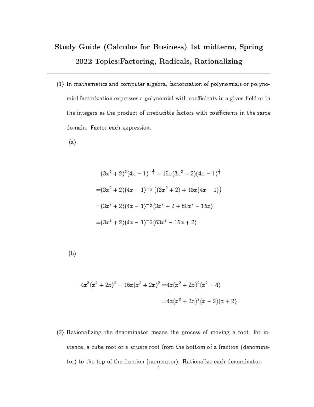 Study Guidefirstmidterm - Study Guide (Calculus for Business) 1st