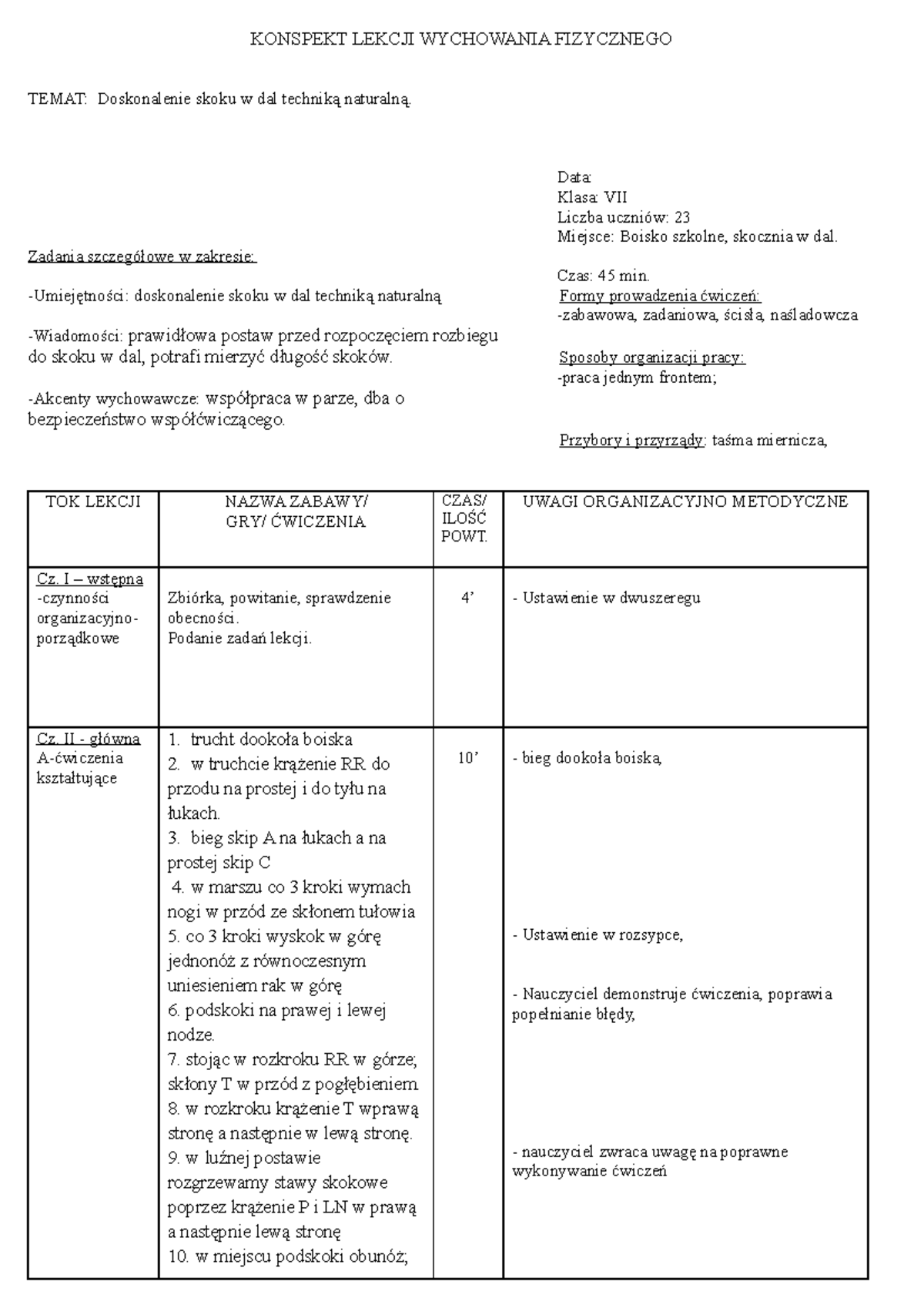 6 - Skok w dal - KONSPEKT LEKCJI WYCHOWANIA FIZYCZNEGO TEMAT