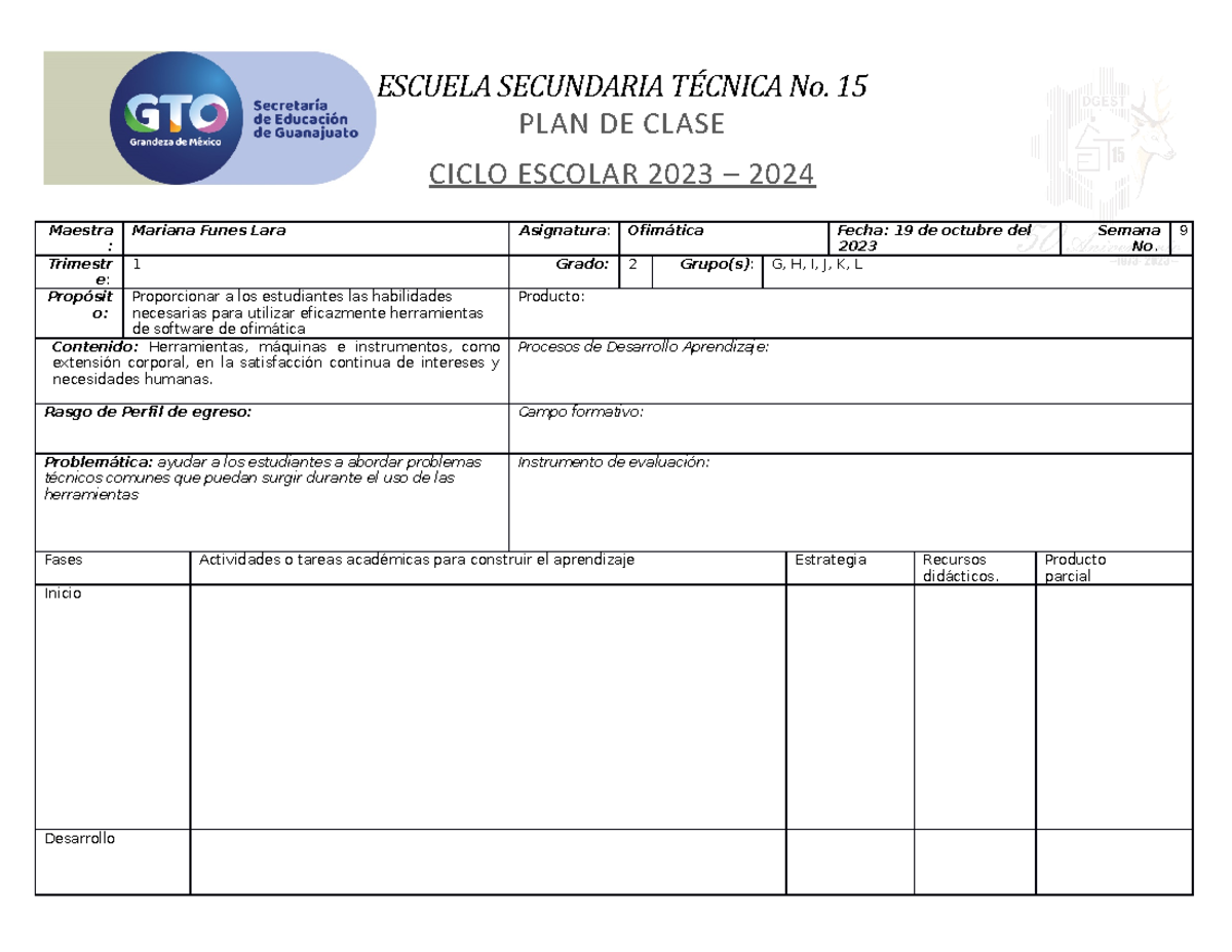 Formato DE PlaneacióN 2023-2024 - ESCUELA SECUNDARIA TÉCNICA No. 15