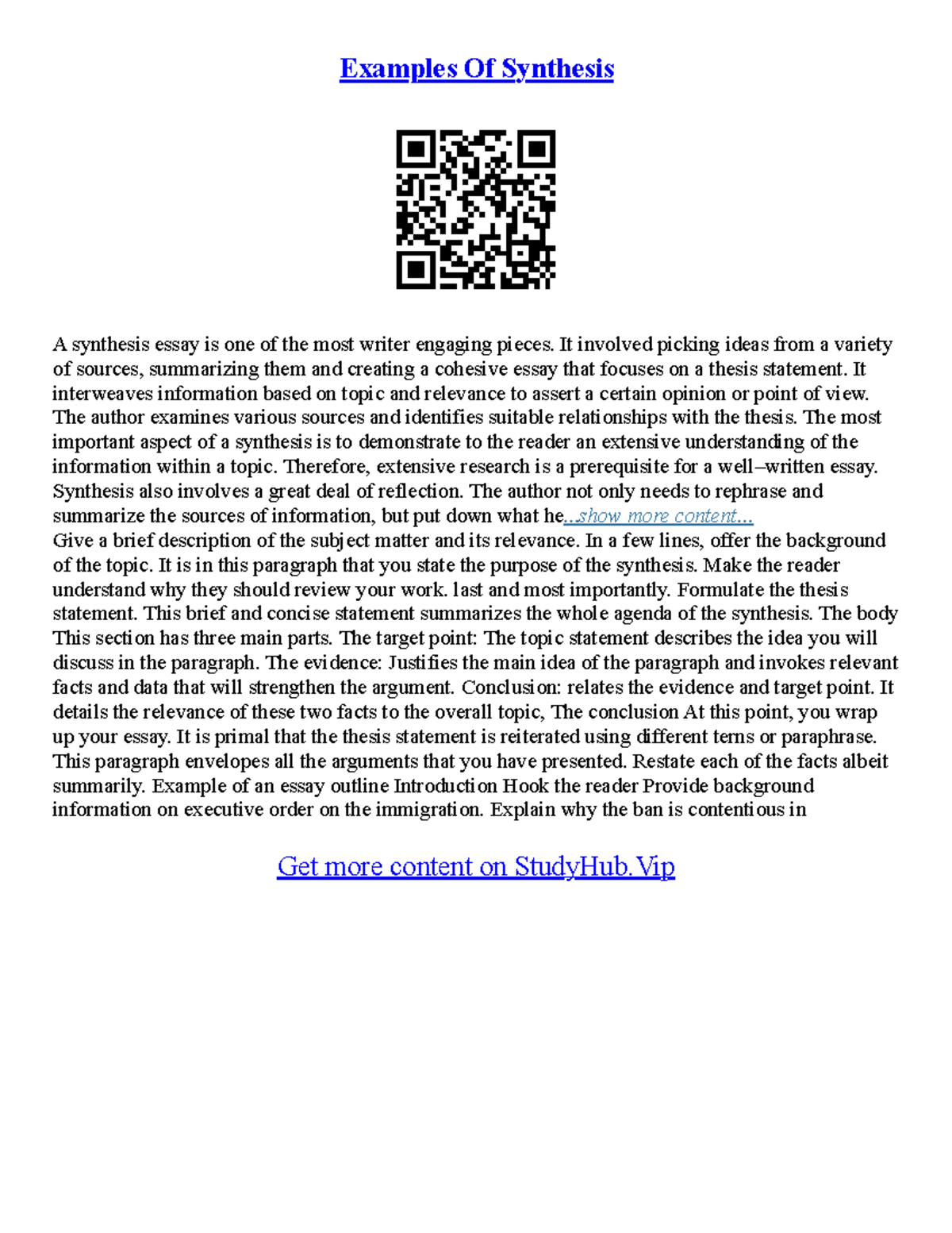 Example Essay Outline - Examples Of Synthesis A synthesis essay is one ...