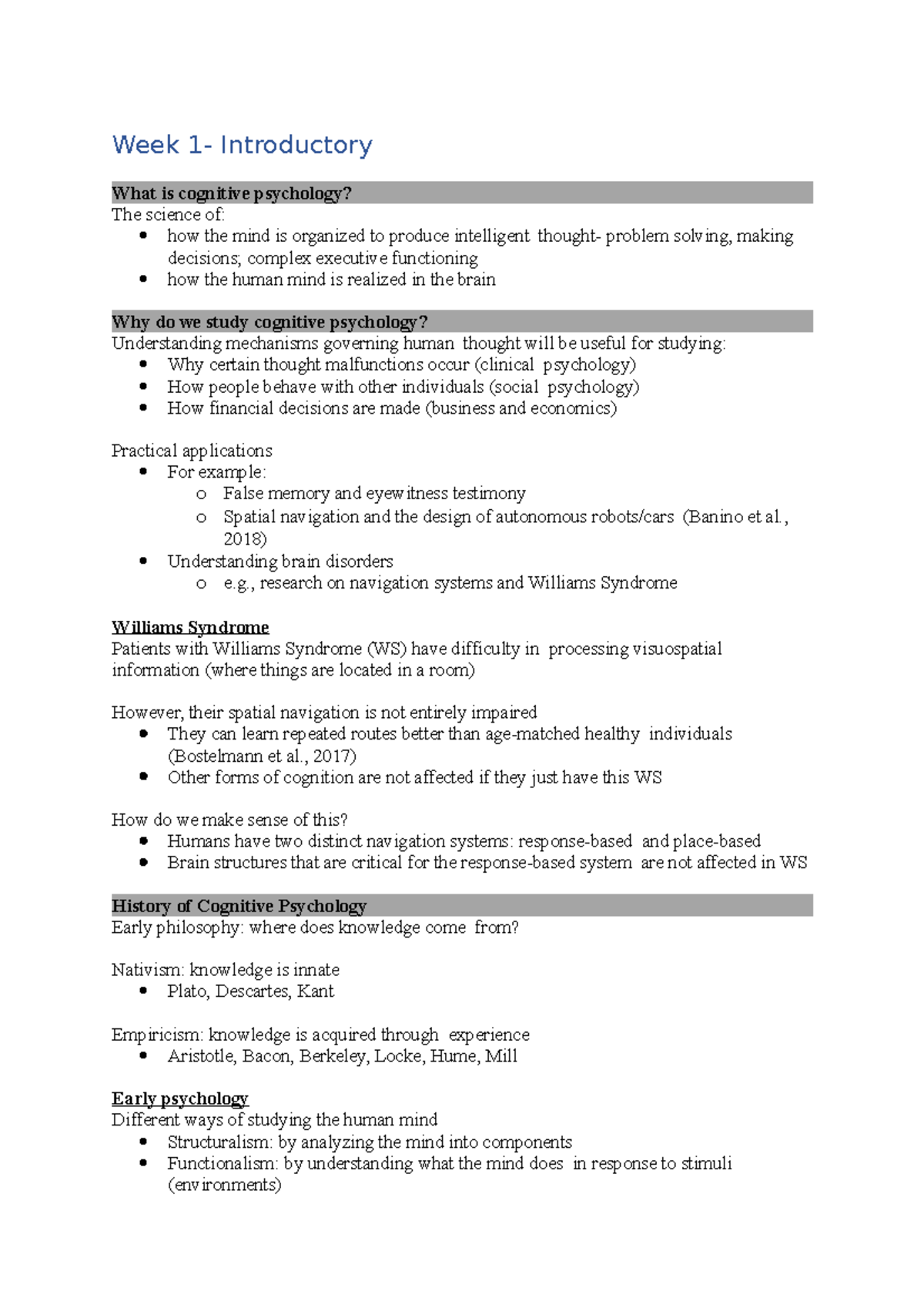Week 1 notes - Week Introductory What is cognitive psychology? The ...