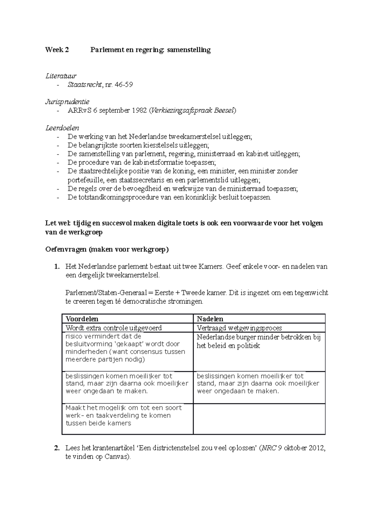 Week 2 - Constitutioneel Recht WG - Week 2 Parlement En Regering ...