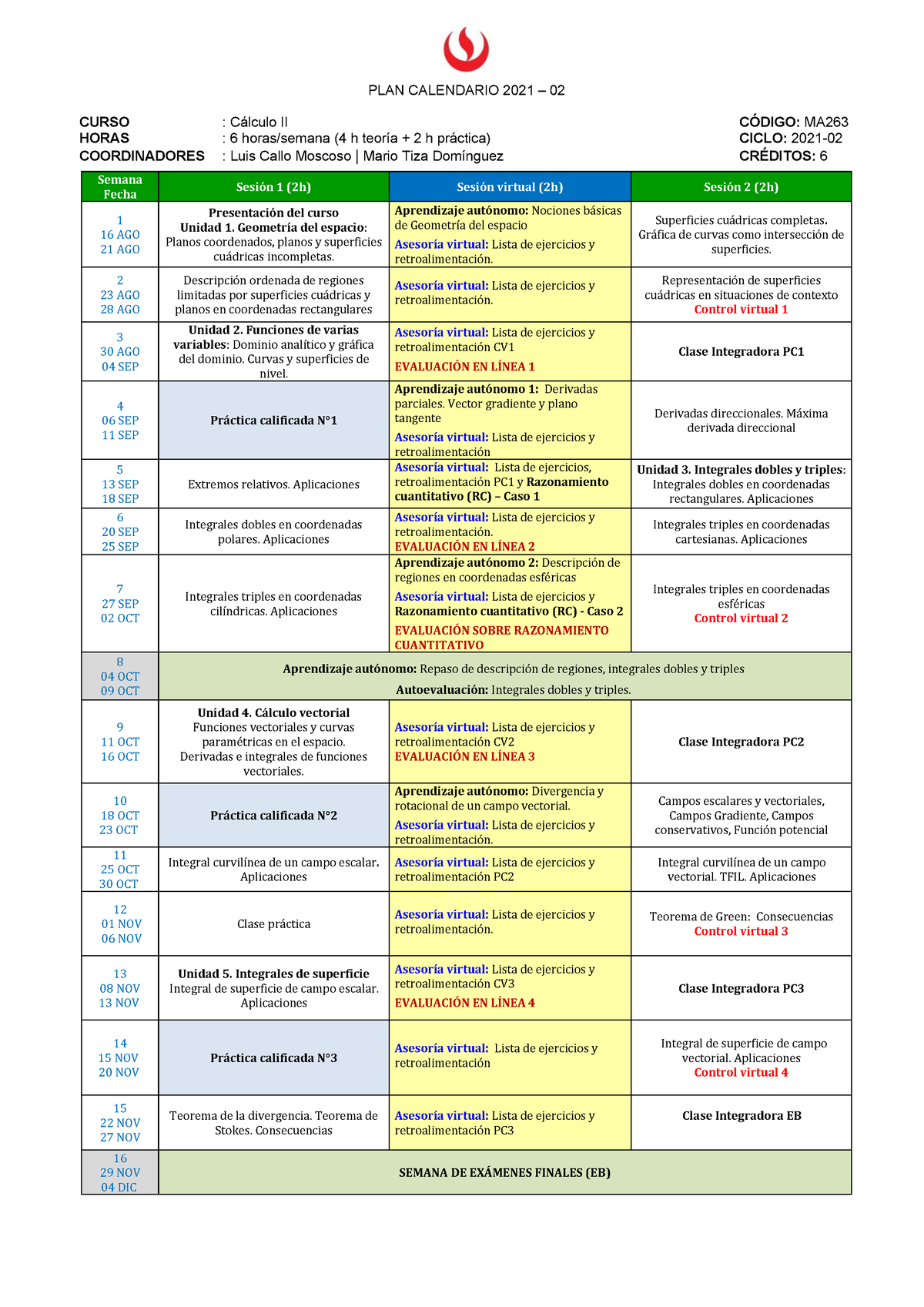 MA263 2021-02 Plan Calendario - Cálculo - UPC - StuDocu