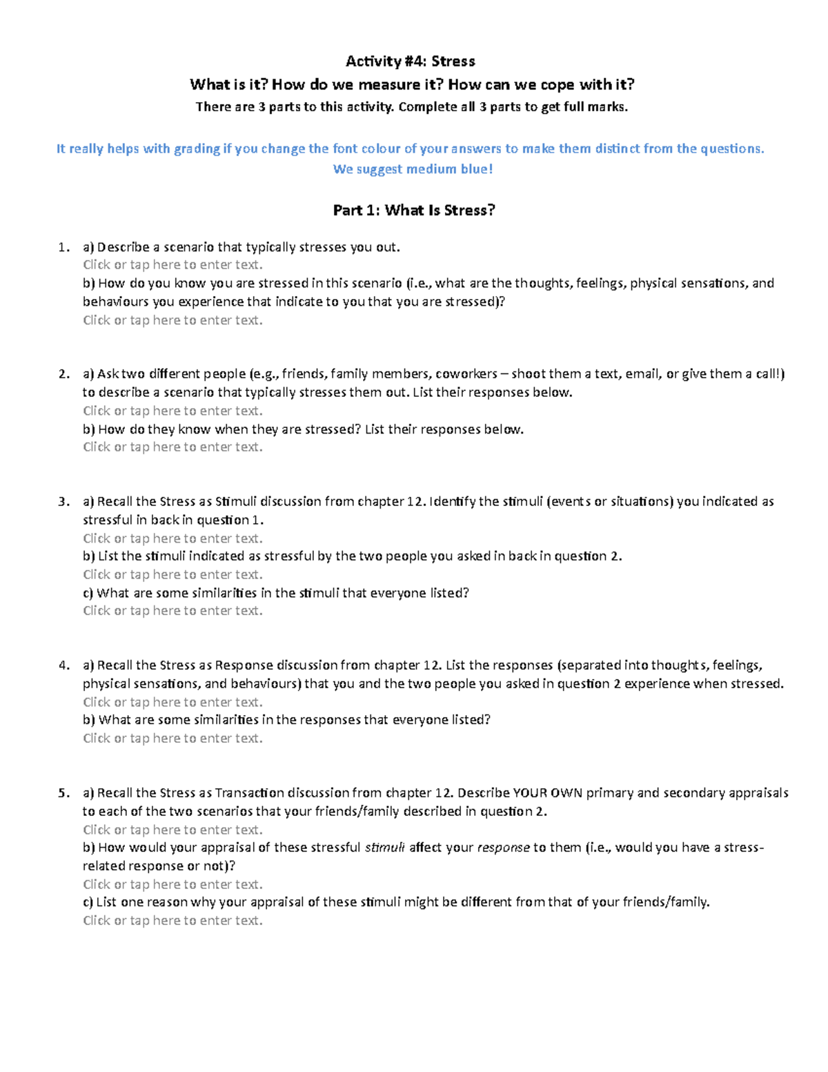 Chapter 12 - Stress Activity W2021 - Activity #4: Stress What is it ...