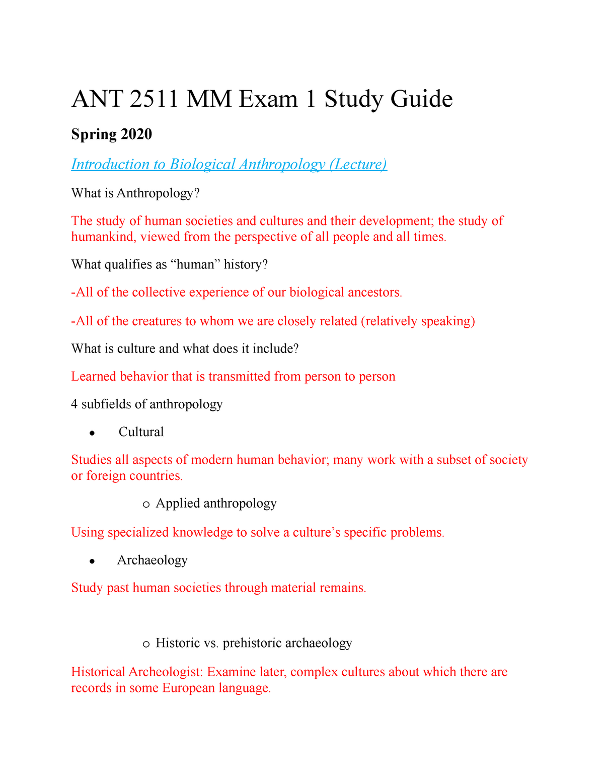 ANT 2511 Exam 1 Study Guide - ANT 2511 MM Exam 1 Study Guide Spring