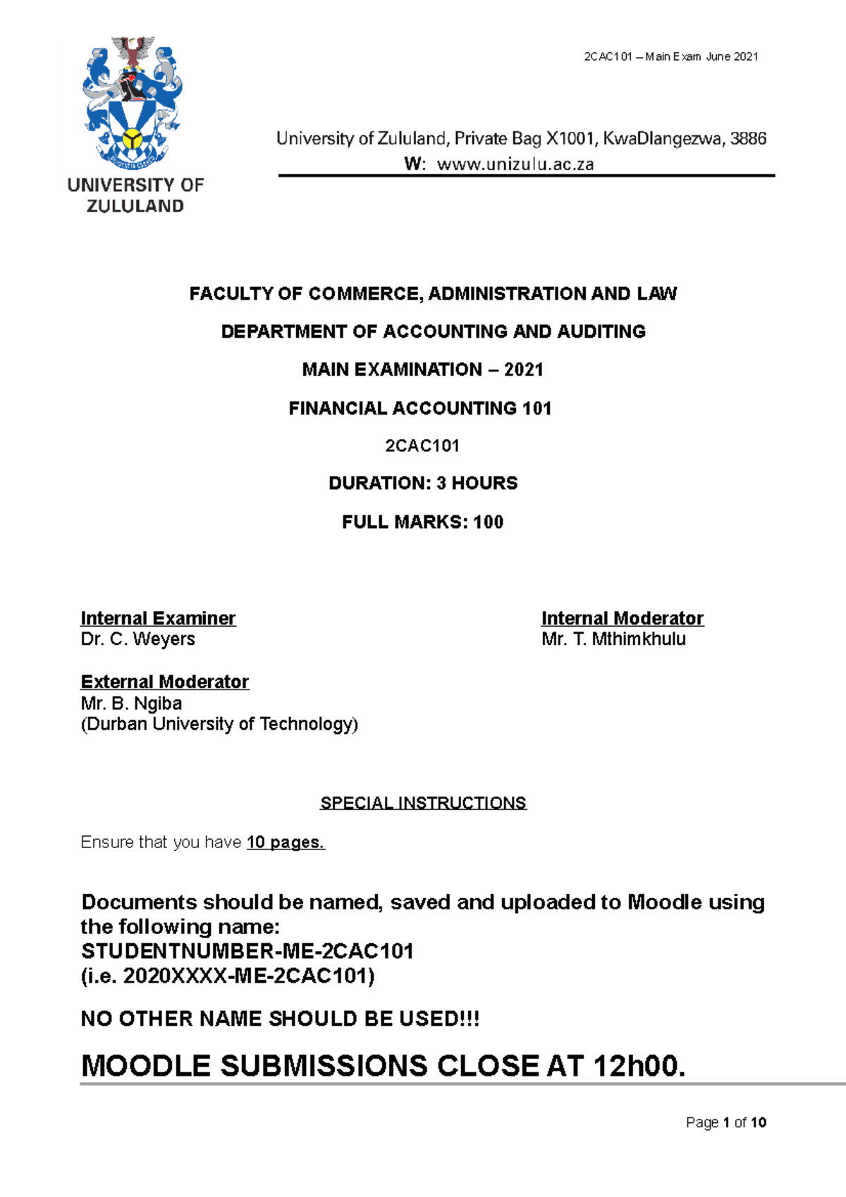 Financial Accounting 101 - Main Exam June 2021 - FACULTY OF COMMERCE ...