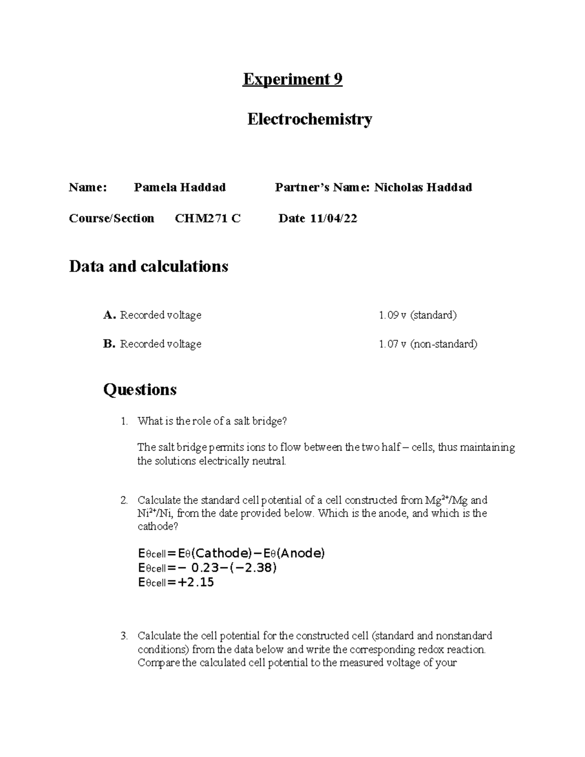 Experiment 9 Chm 271 - Experiment 9 Electrochemistry Name: Pamela ...