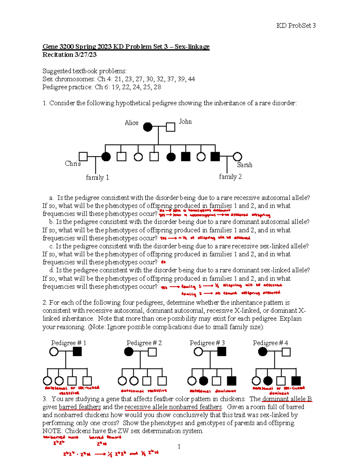 Sex Linkage Problems Kd Probset 3 1 Gene 3200 Spring 2023 Kd Problem