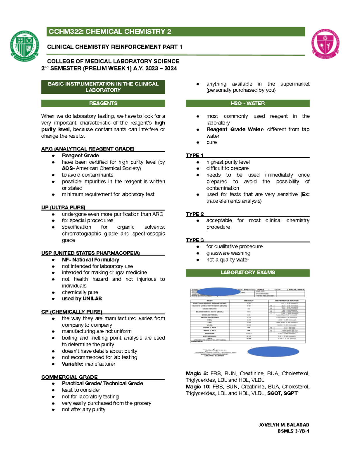 Week-1-cc - CLINICAL CHEMISTRY REINFORCEMENT PART 1 COLLEGE OF MEDICAL ...