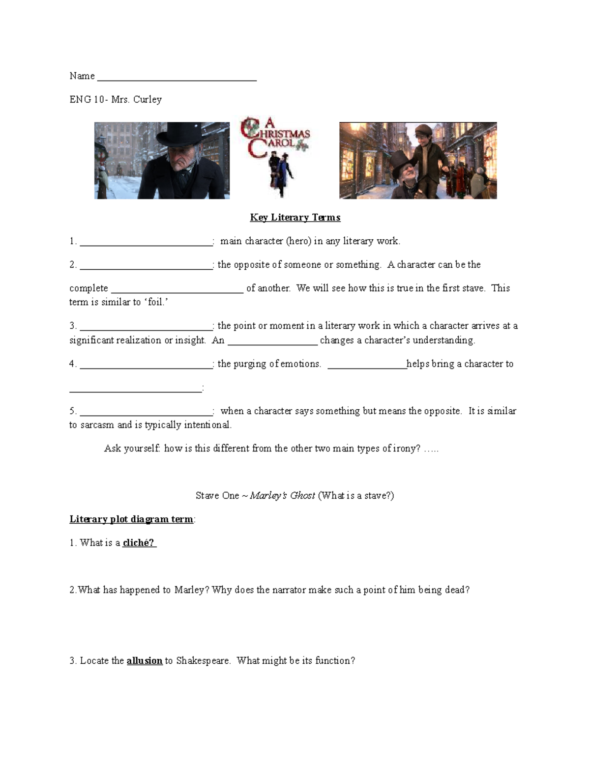 A Christmas Carol Reading Guide Name