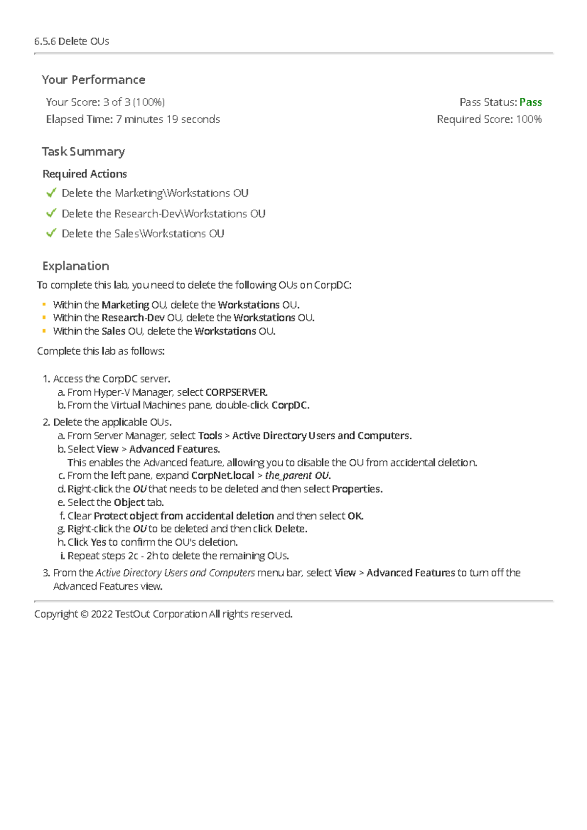 6 5 6 Delete OUs Pass Status Pass Required Score 100 6 5 Delete 