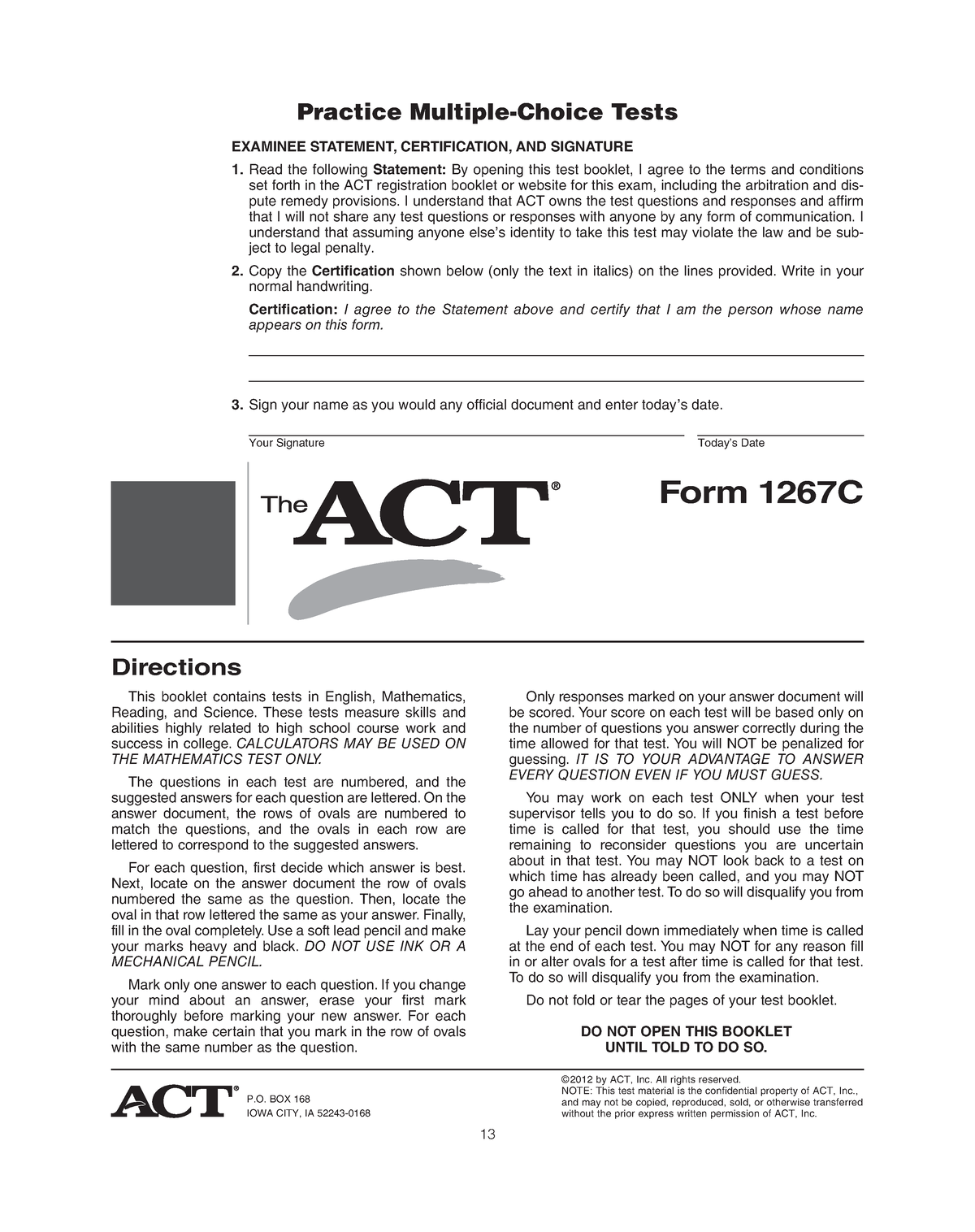 ACT 2009 06 Form 67C ACT practice test 13 Practice Multiple