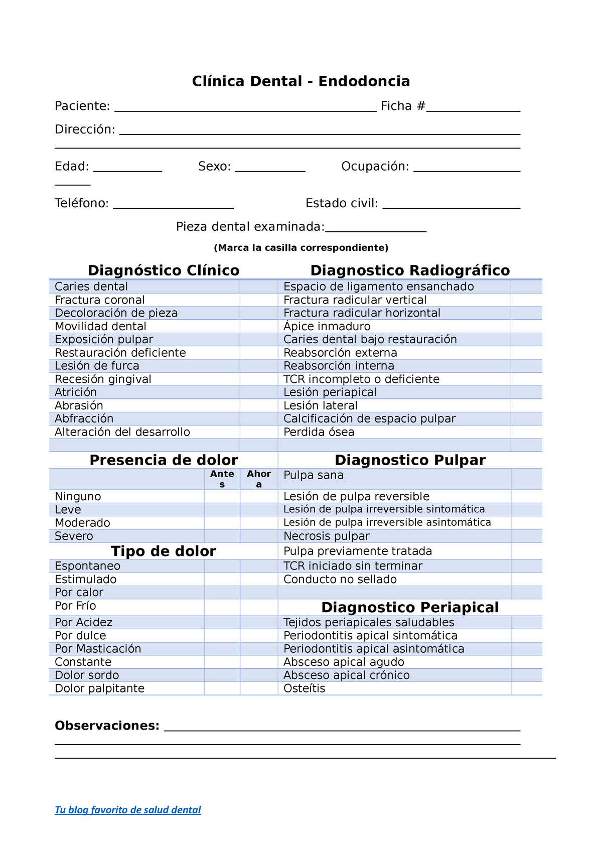 Ficha De Endodoncia Tu Blog Favorito De Salud Dental Clínica Dental Endodoncia Paciente 0948