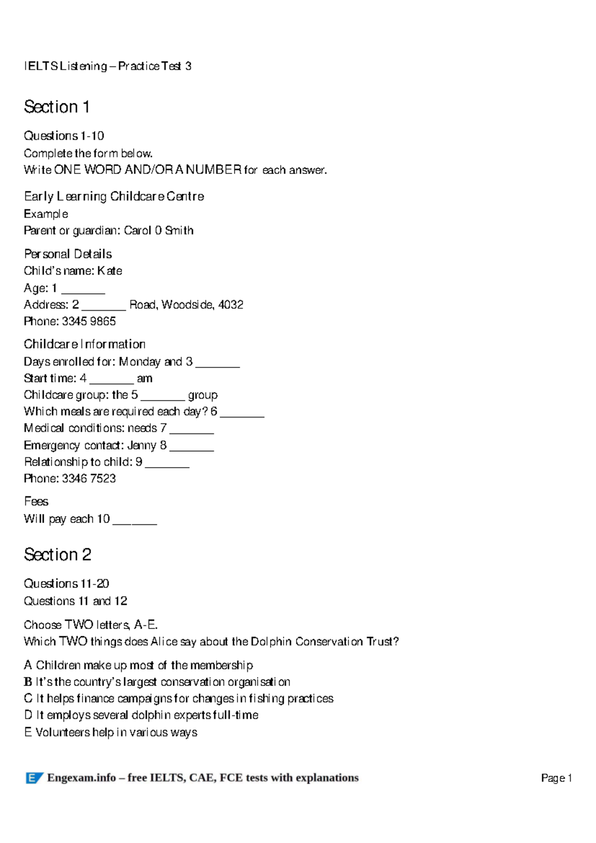 Ielts Listening Practice Test 3 Printable - Section 1 Questions 1 ...