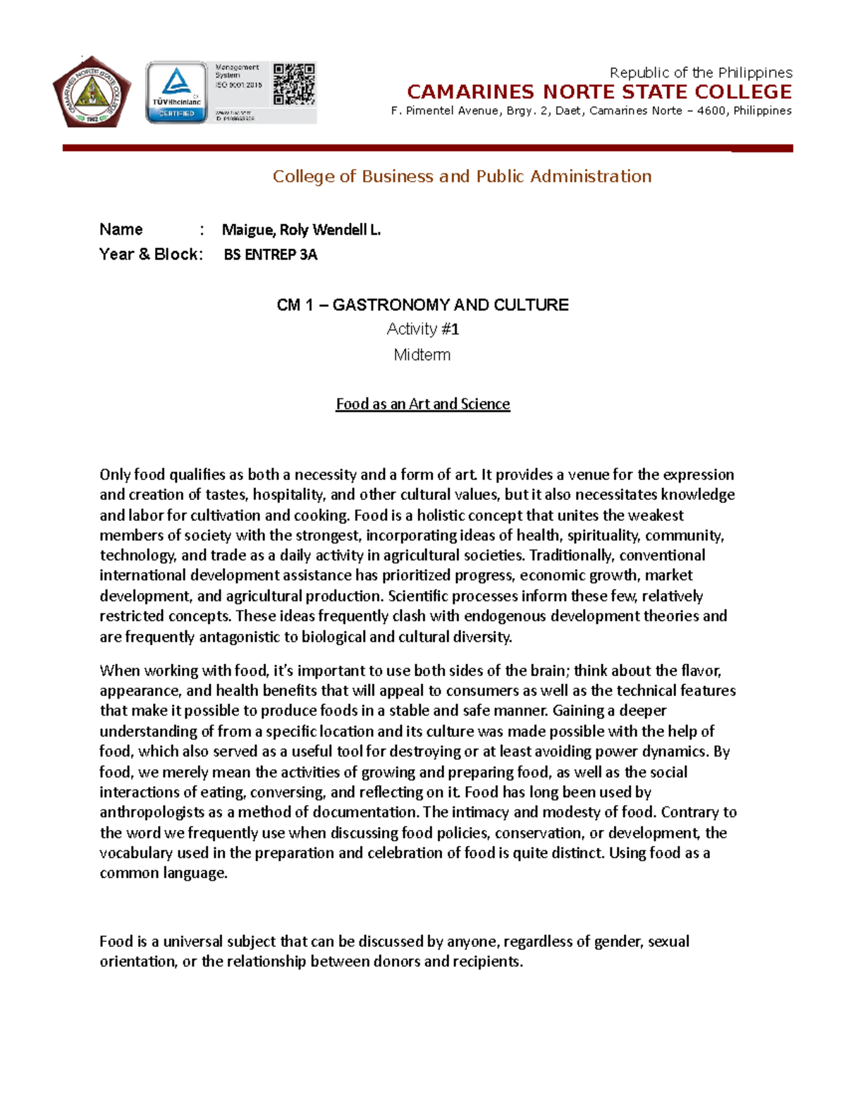 Activtity Format This document will help you. Name Maigue, Roly