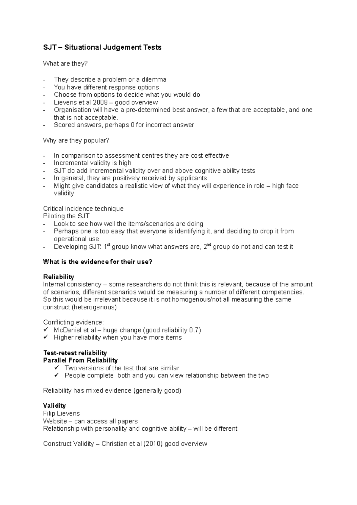 SJT – Situational Judgement Tests - Scored answers, perhaps 0 for ...