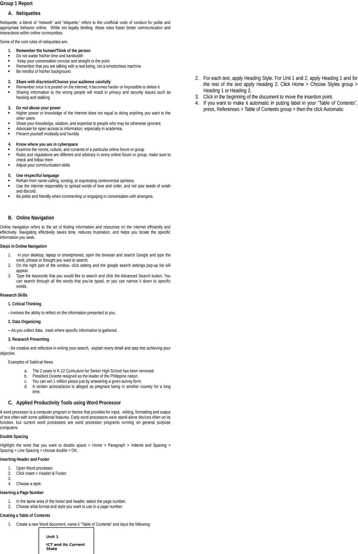 Handouts - Group 1 Report A. Netiquettes Netiquette, a blend of ...