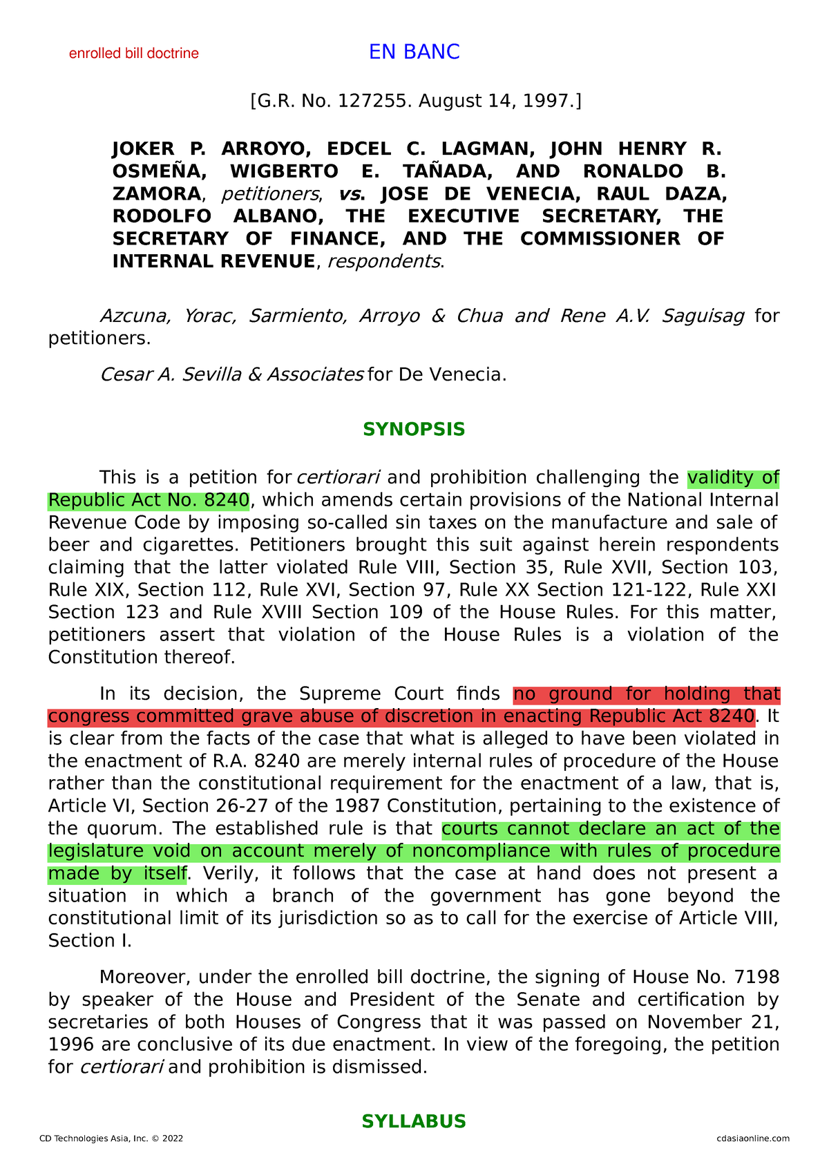 Arroyo V - Consti 1 - EN BANC [G. No. 127255. August 14, 1997.] JOKER P ...