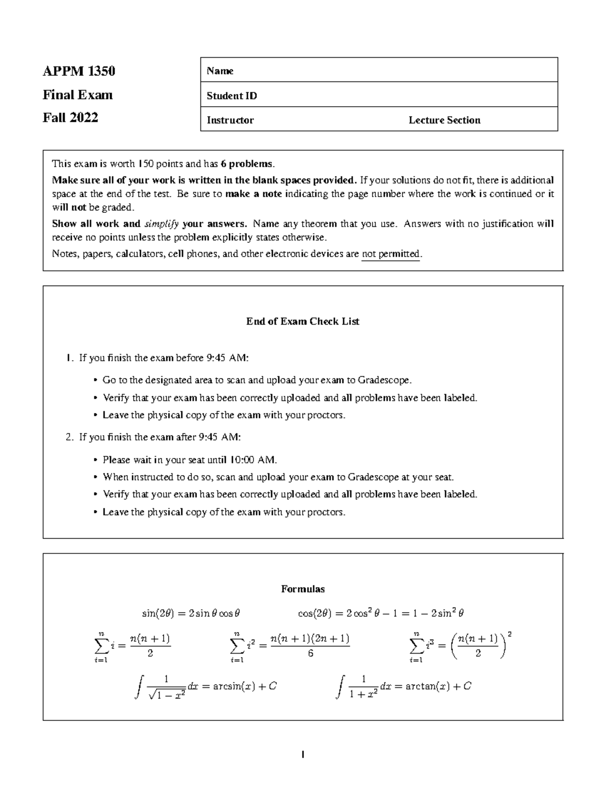 Appm1350Practice Problems 4 - APPM 1350 Final Exam Fall 2022 Name ...