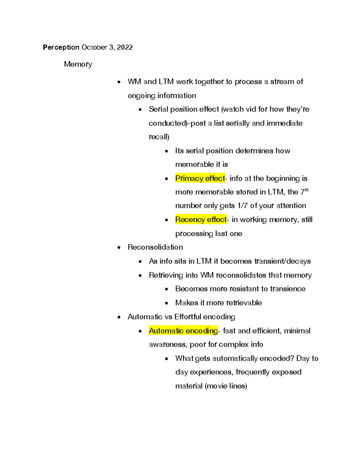 Psychology notes perception october 3 2022 memory wm and ltm work