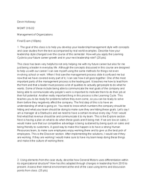 Mgmt 8 - Lecture notes based off of the professor, book, and power ...