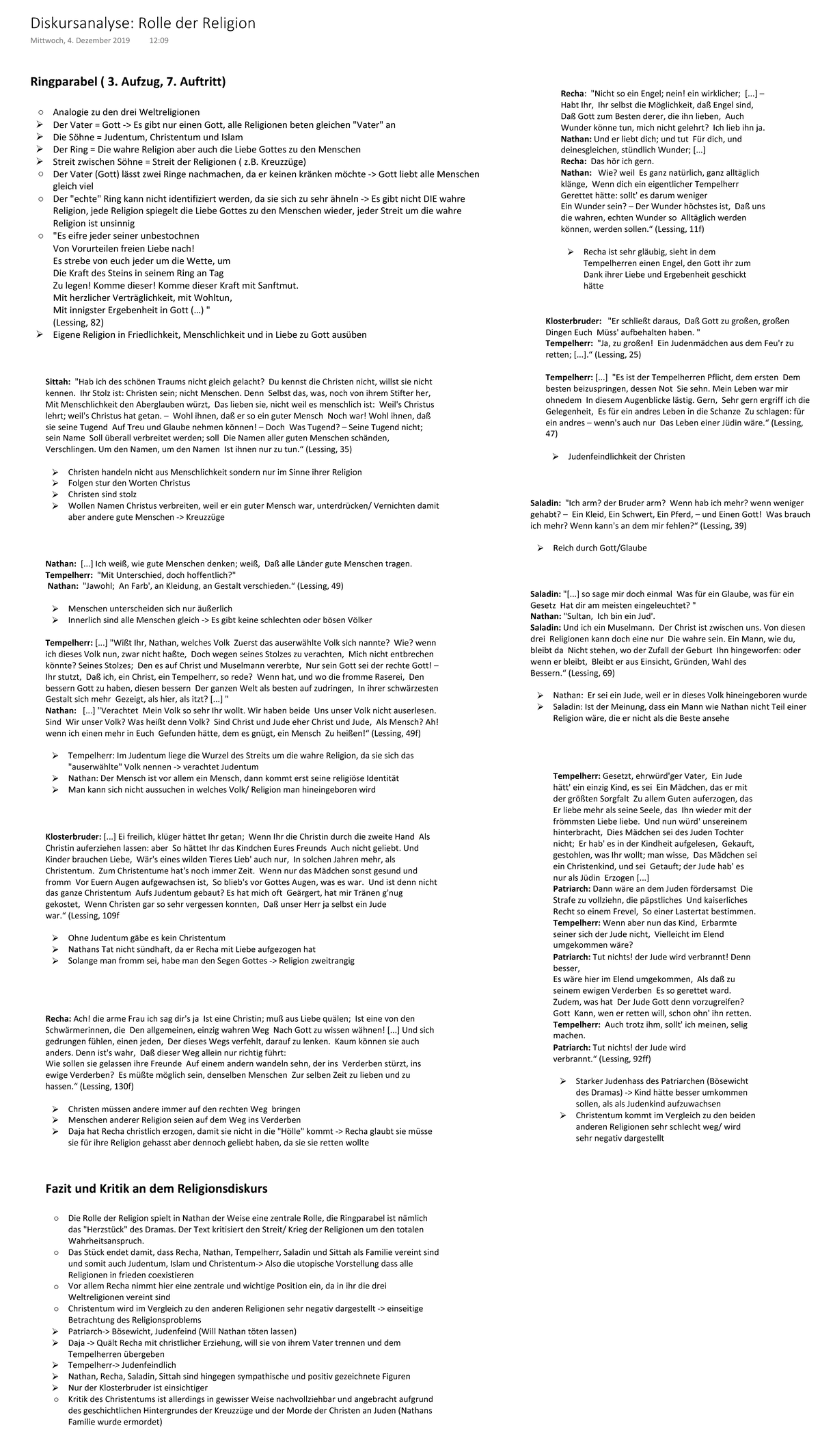Nathan Der Weise 3 Aufzug 7 Auftritt Analyse Nathan der Weise: Diskursanalyse: Rolle der Religion - Ringparabel ( 3