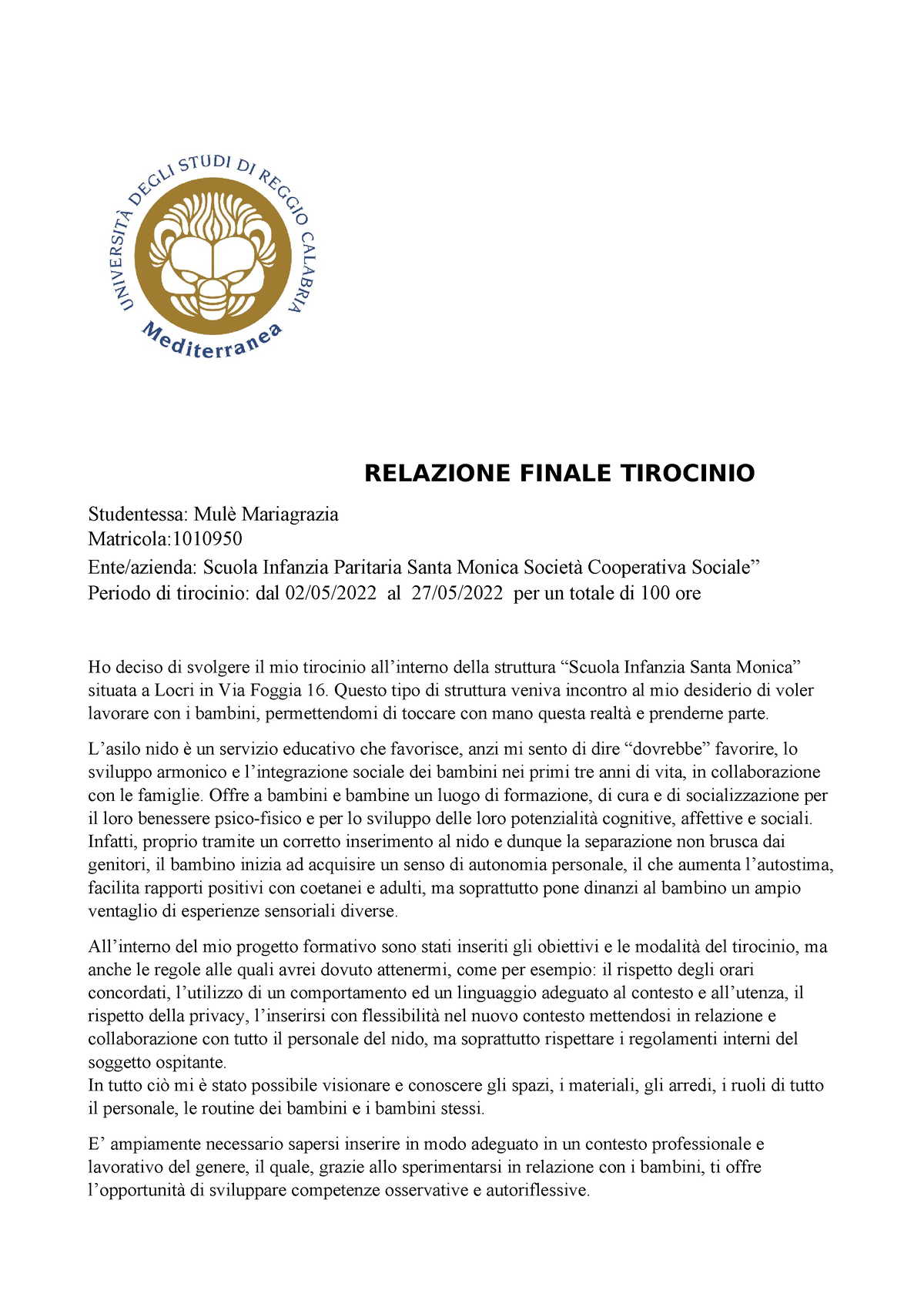 Relazione Tirocinio - Scienze Educazione E Formazione - RELAZIONE ...