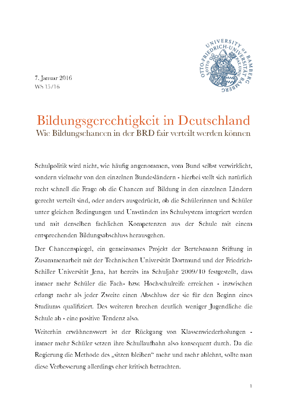 Essay Bildungsgerechtigkeit BRD Skript/Zusammenfassung - Januar 2016 WS ...