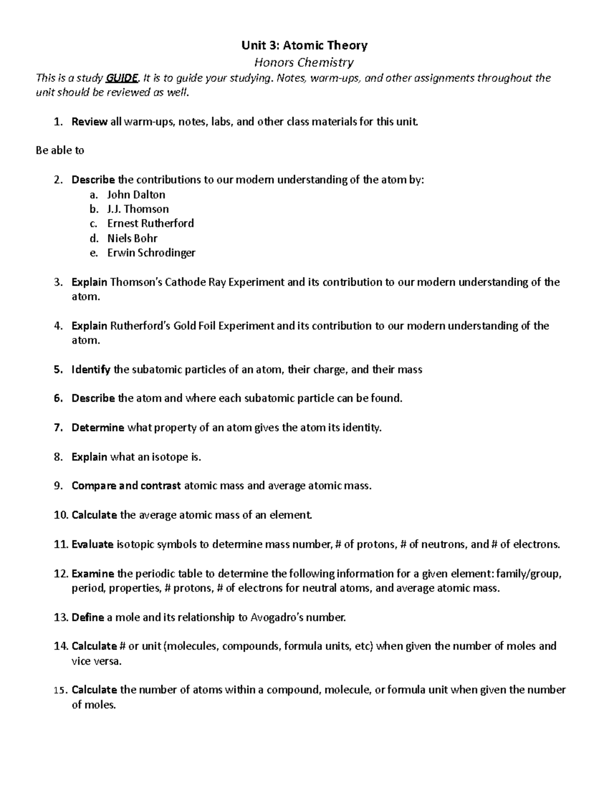 Unit 3 Study Guide 2019-1 - Unit 3: Atomic Theory Honors Chemistry This ...