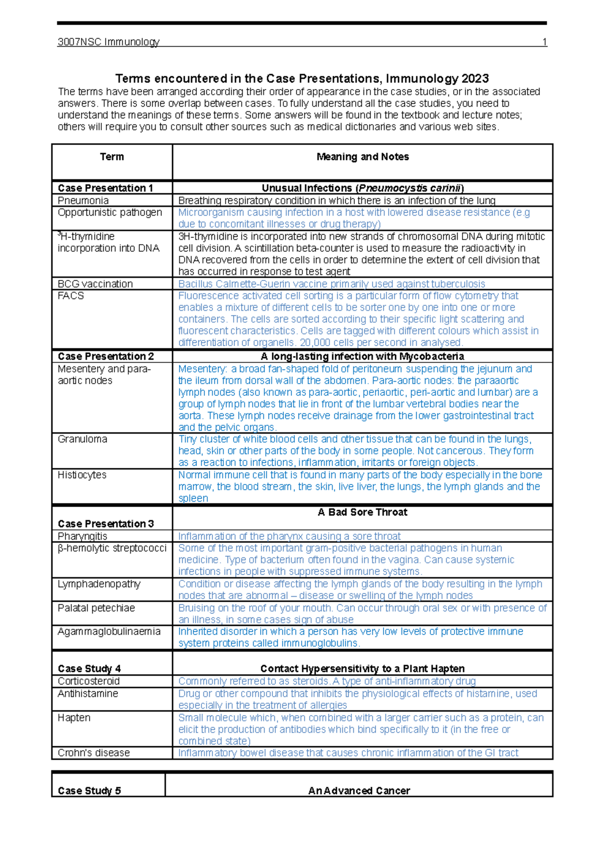 Terms encountered in the Case Studies 2023 - 3007NSC Immunology 1 Terms ...