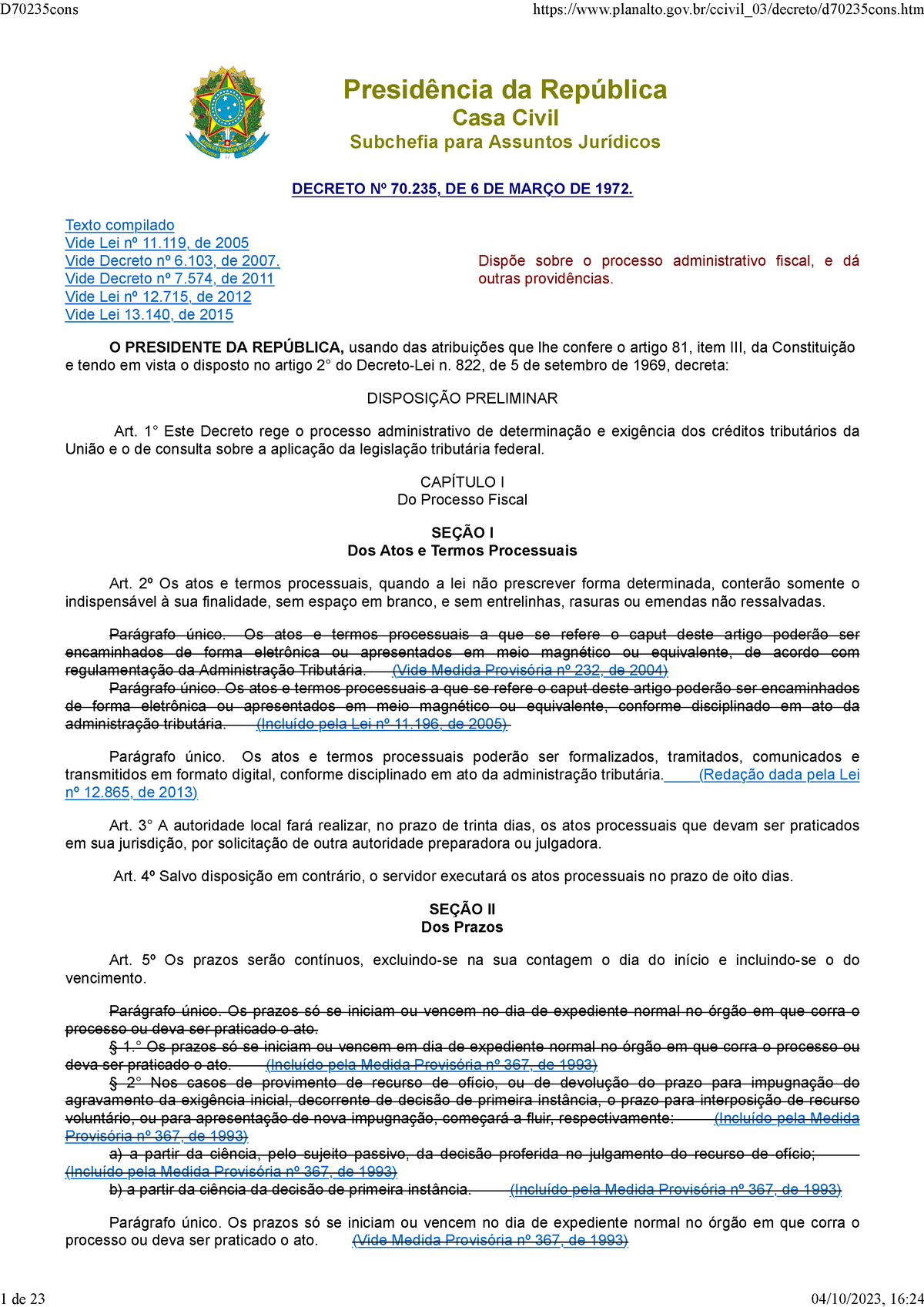 Decreto 70235 - Presidência Da República Casa Civil Subchefia Para ...