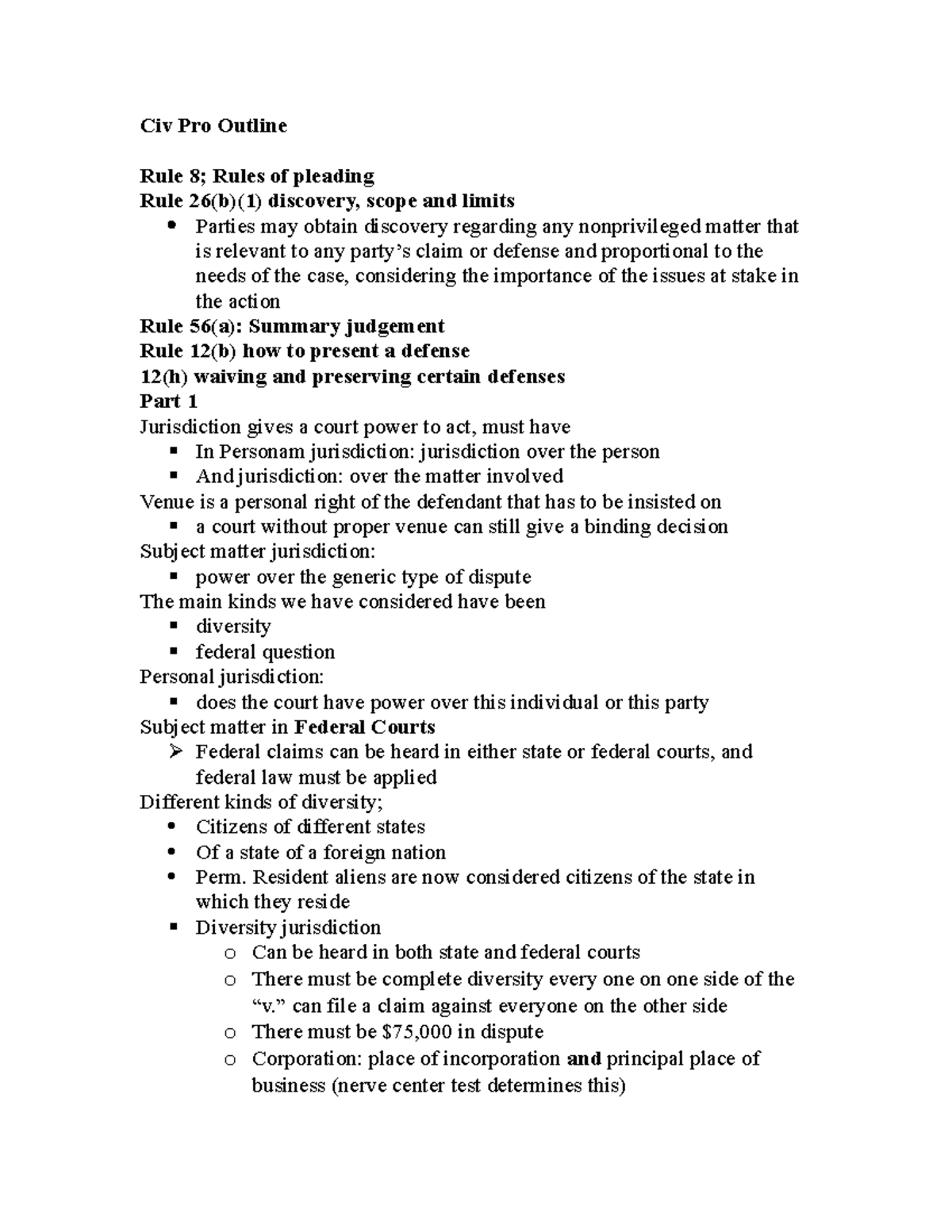 Civil Procedures Class Outline Civ Pro Outline Rule 8; Rules of