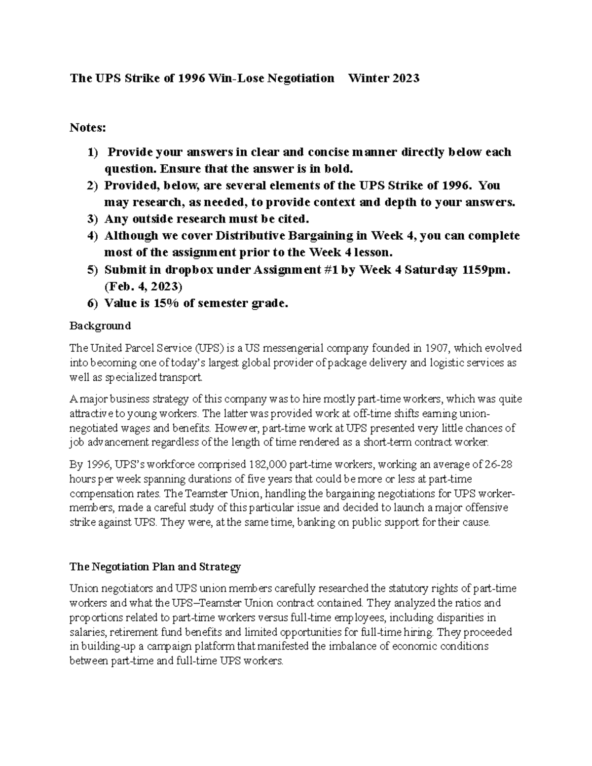 Negotiation Case Analysis 1 UPS Winter 2023 The UPS Strike of 1996