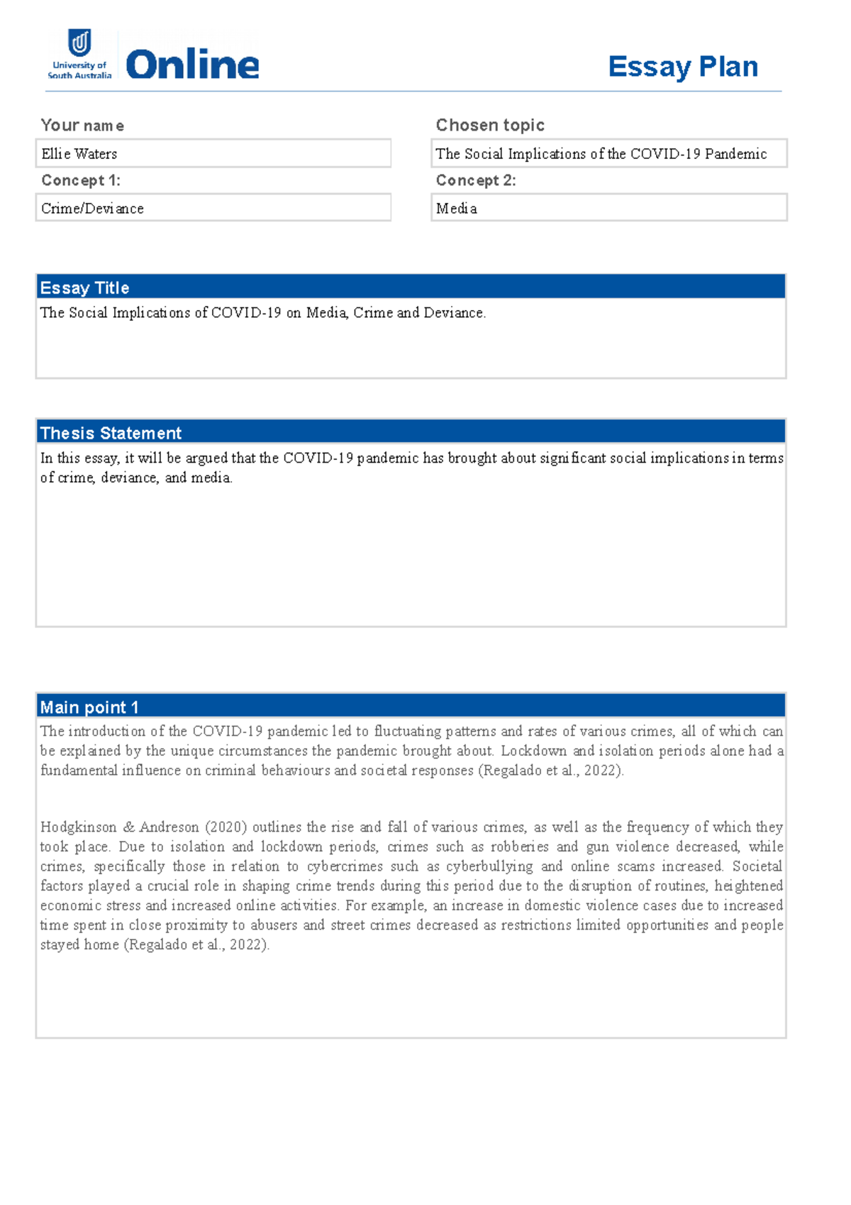 Essay Plan Template - Graded a C - Your name Chosen topic Ellie Waters ...