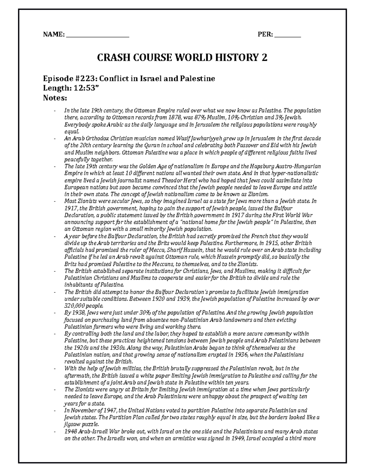 Crash Course Israel Palestine NAME PER CRASH COURSE WORLD HISTORY 2