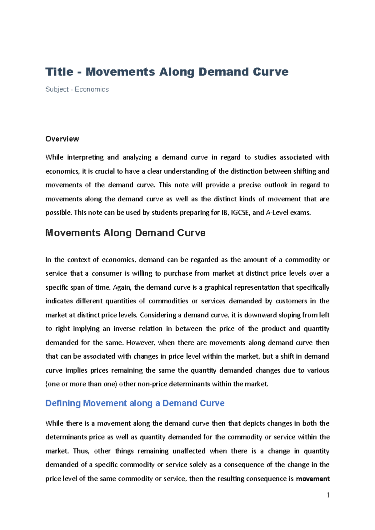 Movements along demand curve - Title - Movements Along Demand Curve ...