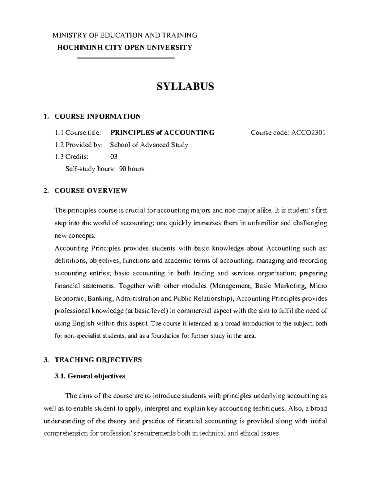 Principles of Accounting Syllabus MINISTRY OF EDUCATION AND TRAINING