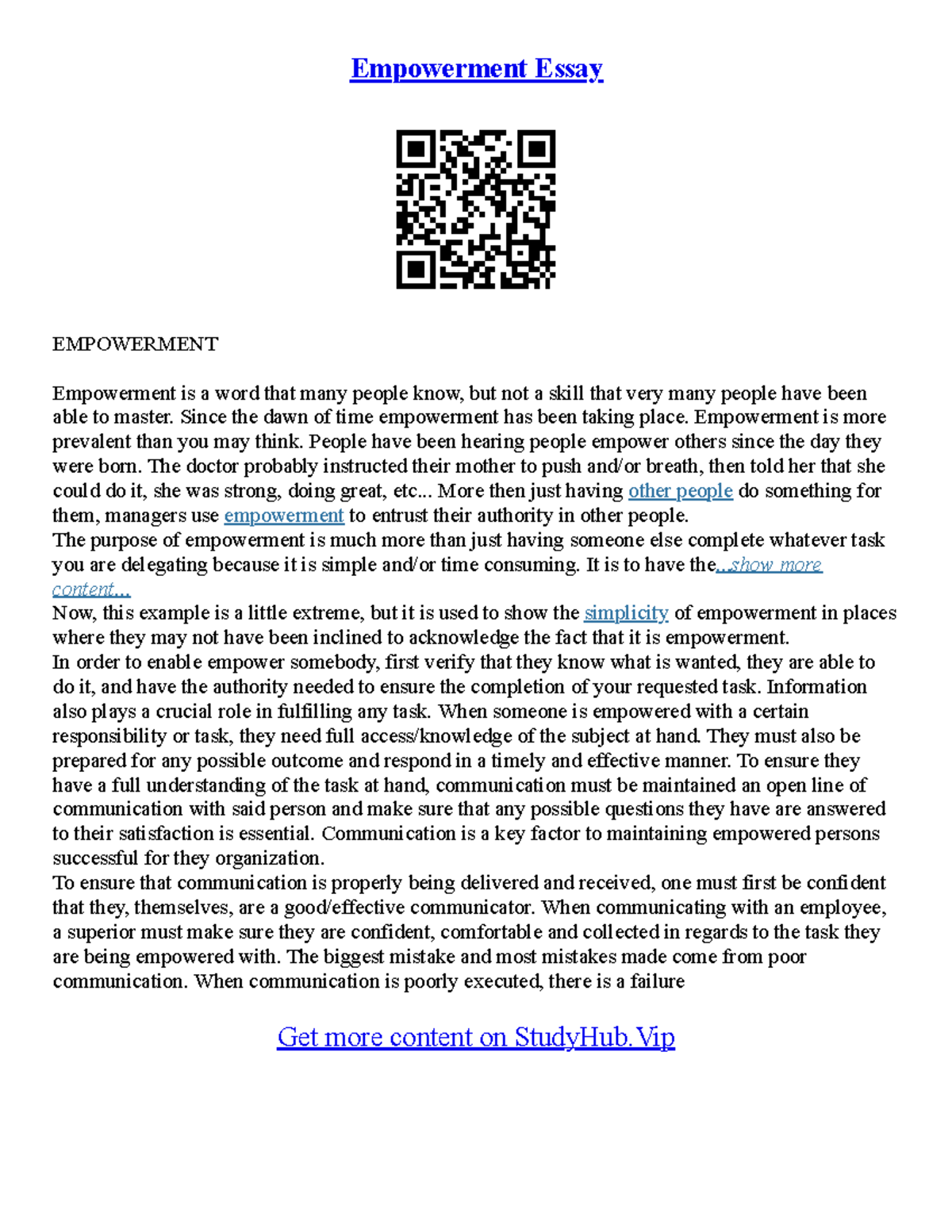 Short Essay On Women Empowerment - Empowerment Essay EMPOWERMENT ...