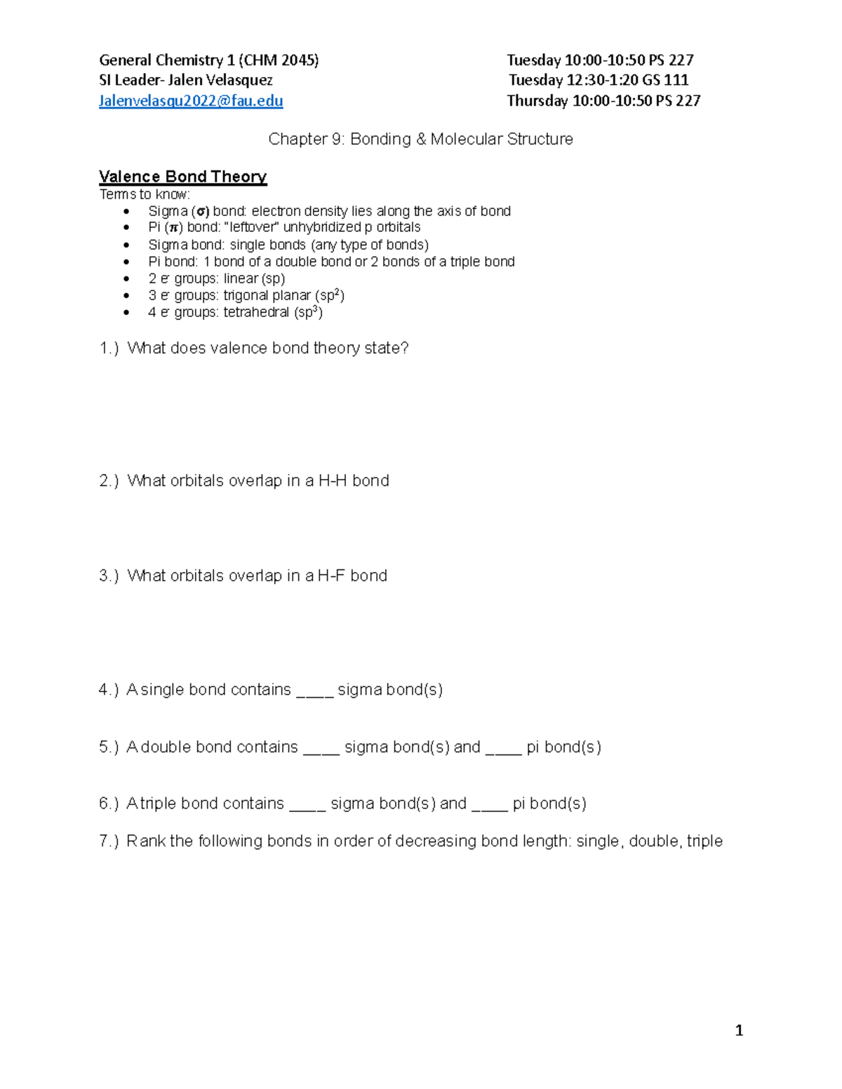 SI+Sheet+9+ - SI Learning - General Chemistry 1 (CHM 2045) Tuesday 10: ...