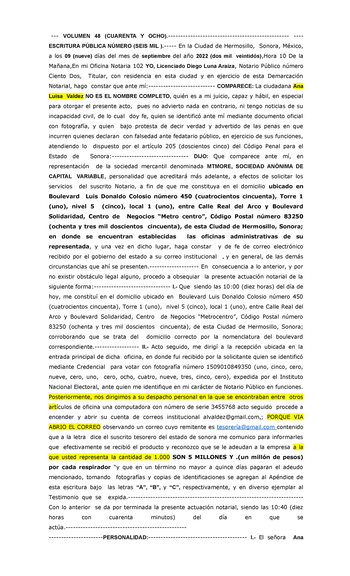 FE DE Hechos Diego LUNA VOLUMEN 48 (CUARENTA Y OCHO). ESCRITURA