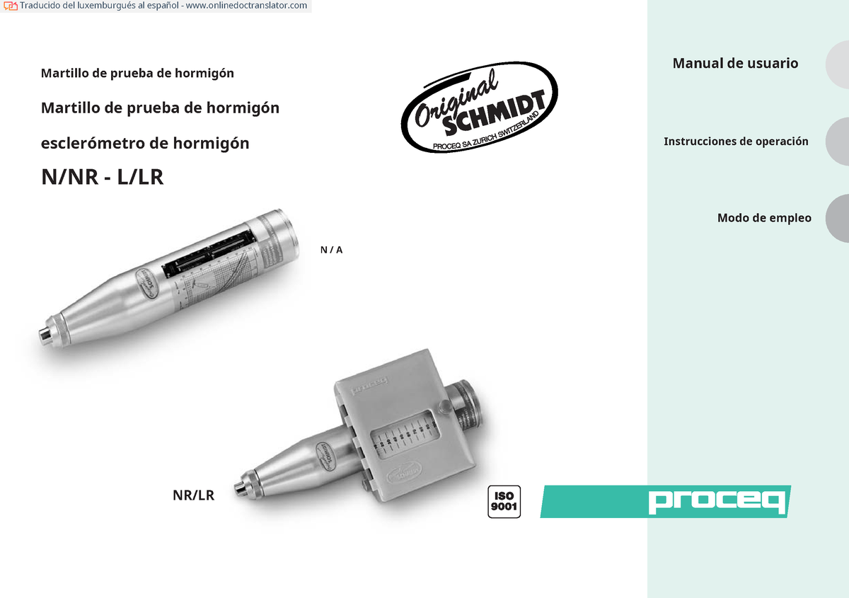 Schmidt Hammer Type N L NR LR Manual - Martillo De Prueba De Hormigón ...